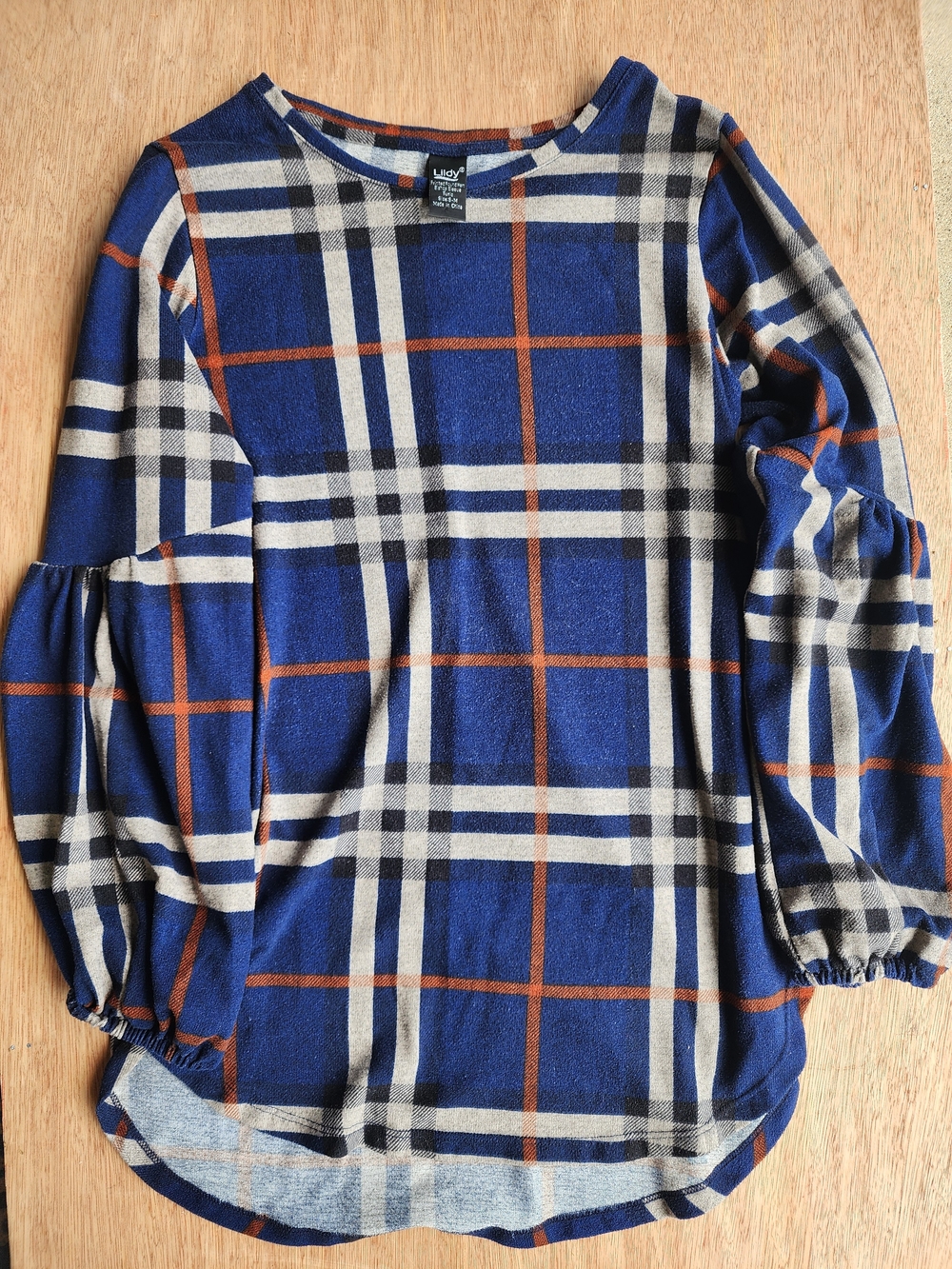 Lildy Blue Plaid Balloon Sleeve Brush Knit Tunic Top Pullover S-M